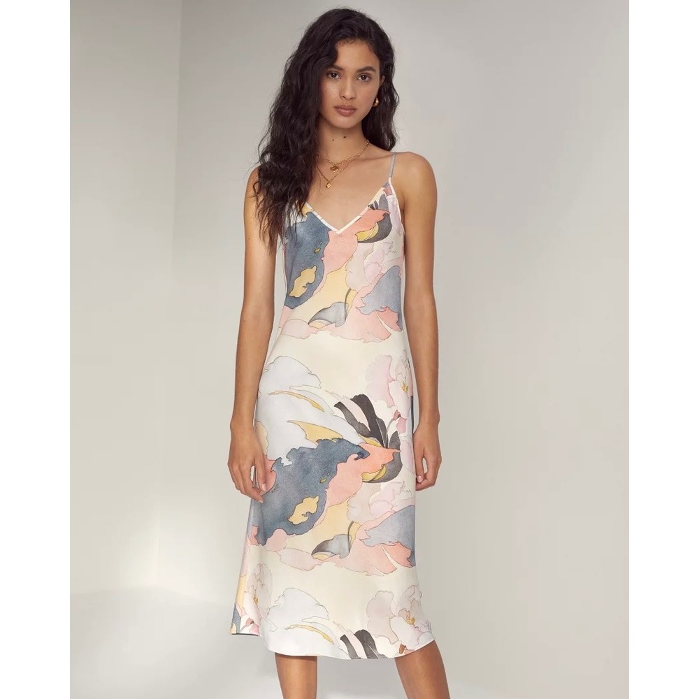 Aritzia Wilfred Only Slip Midi Dress Frappe Watercolor XS Quiet Luxury Wedding